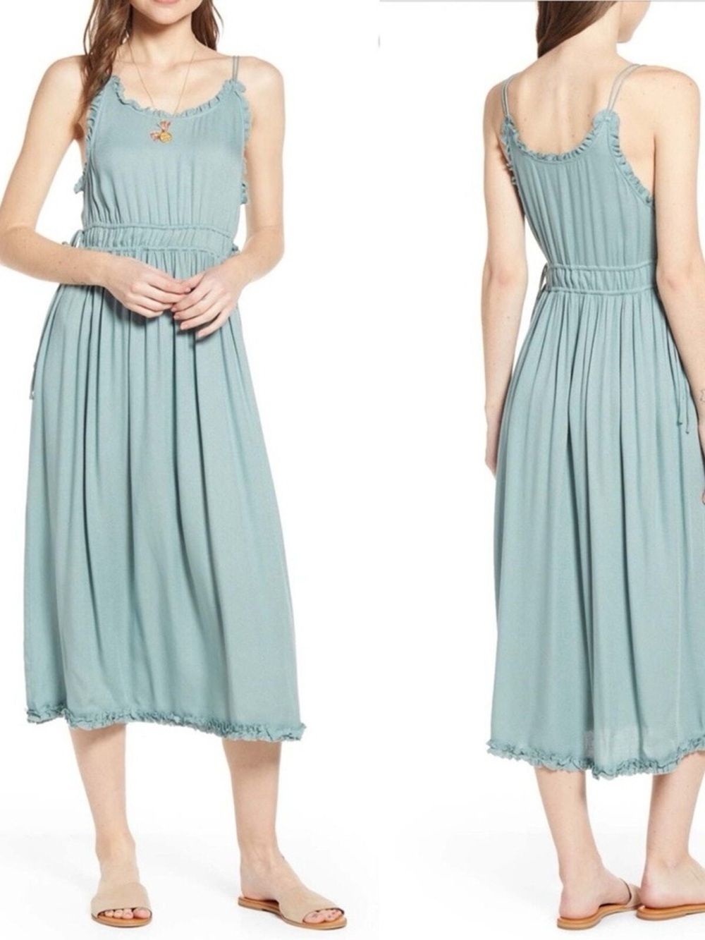 Scotch & Soda Sage Green Midi Dress with Frayed Trim